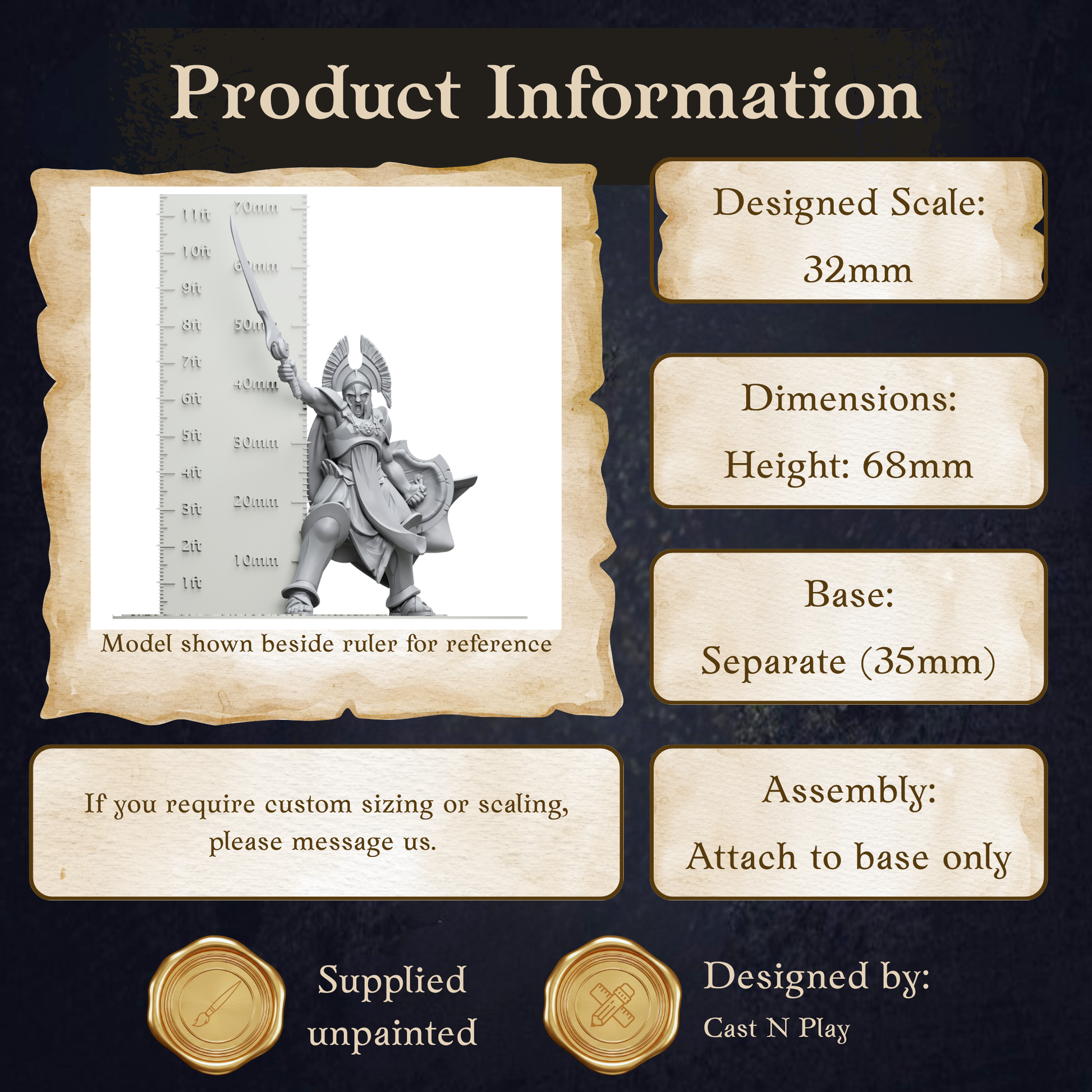 The image is a product information display featuring a model shown beside a ruler for reference. The model is designed to be used as a base for customizing the size of the item. The dimensions of the item are 32mm in height and 68mm in width. The base of the item is separated by 35mm. The image also includes information about the assembly process, which requires attaching the base only. The image is provided by Cast N Play, and it is unpainted.