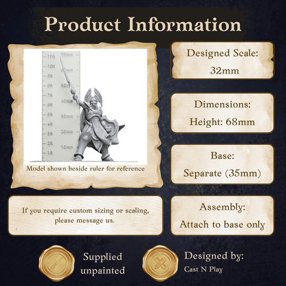 The image is a product information display featuring a model shown beside a ruler for reference. The model is designed to be used as a base for customizing the size of the item. The dimensions of the item are 32mm in height and 68mm in width. The base of the item is separated by 35mm. The image also includes information about the assembly process, which requires attaching the base only. The image is provided by Cast N Play, and it is unpainted.