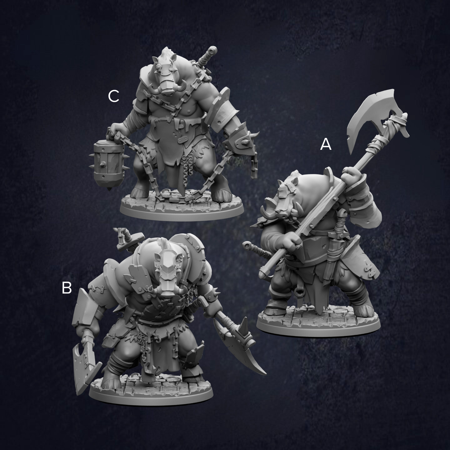 three different figurines of fantastical creatures, each with unique features and weapons.