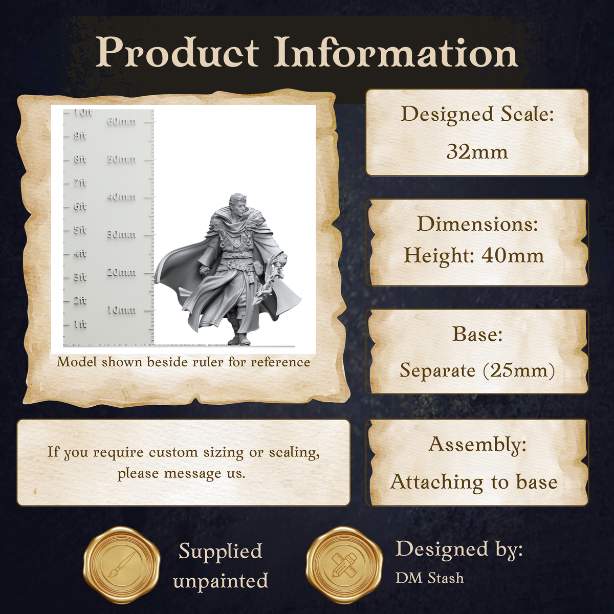 The image is a product information page for a figurine, specifically a 32mm model. It provides dimensions, a base size of 25mm, and assembly instructions. The page also mentions that the figurine is shown beside a ruler for reference. The page is designed by DM Stash.