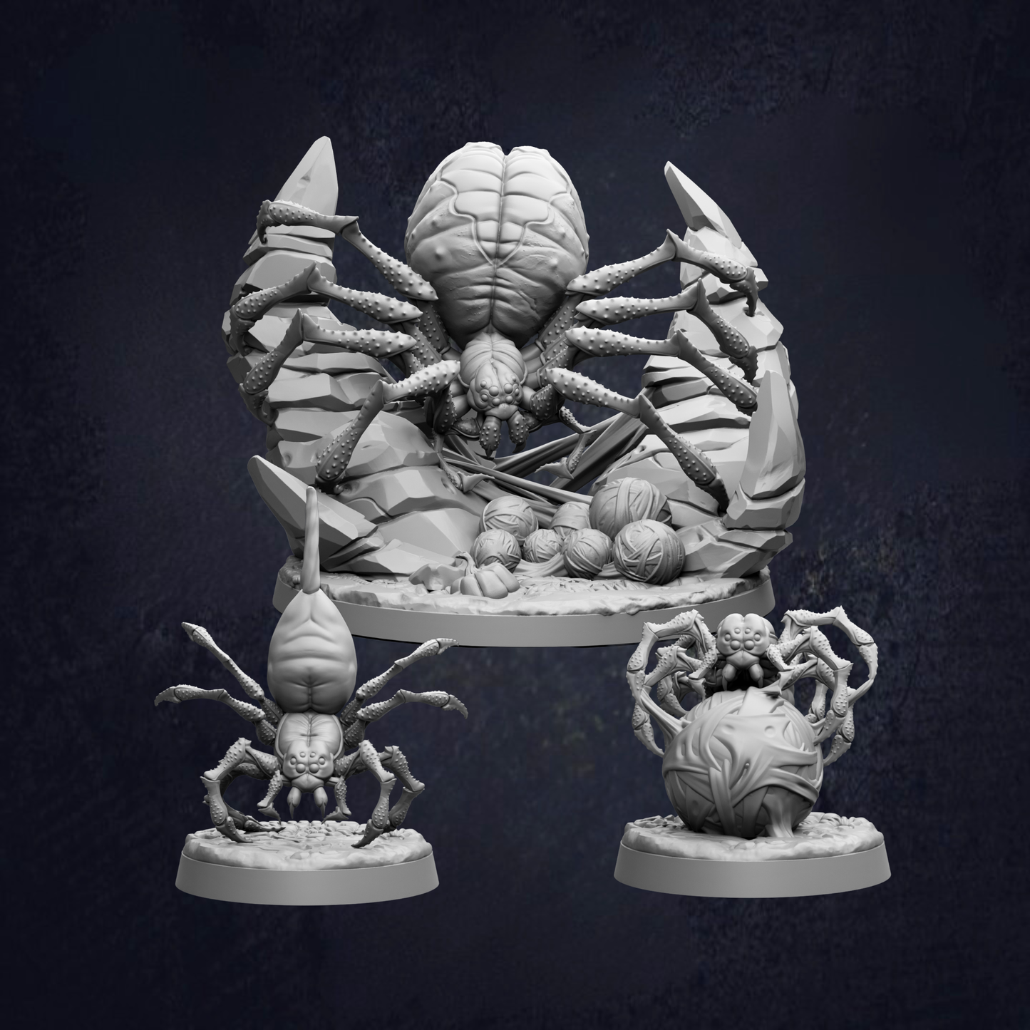 A 3D rendering of three different spider sculptures, each with unique features and designs.