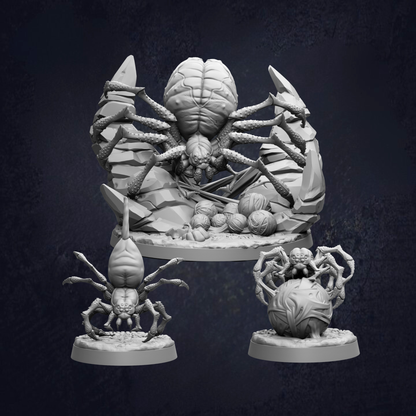 A 3D rendering of three different spider sculptures, each with unique features and designs.