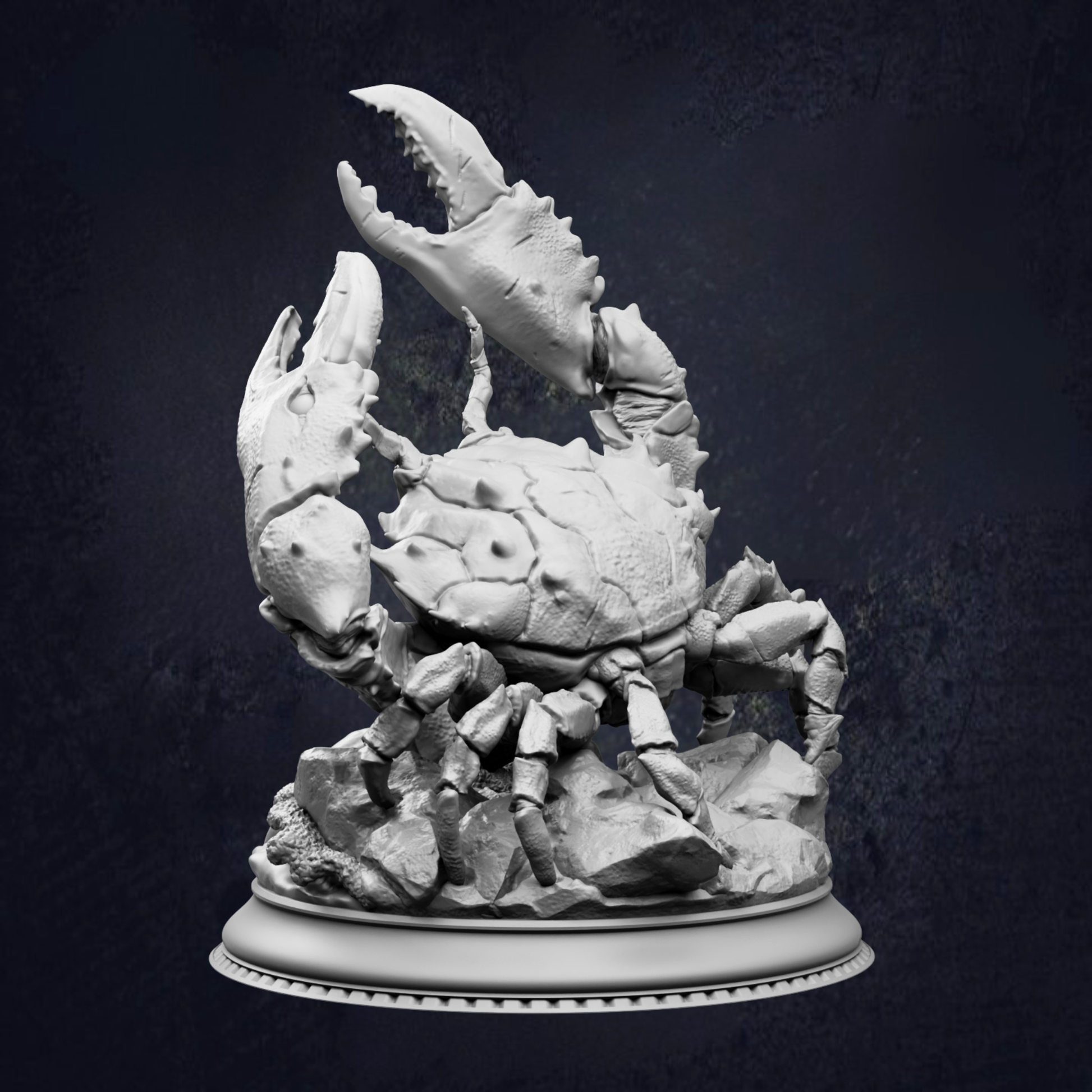 A detailed 3D model of a crab with its claws extended, standing on a rocky base.