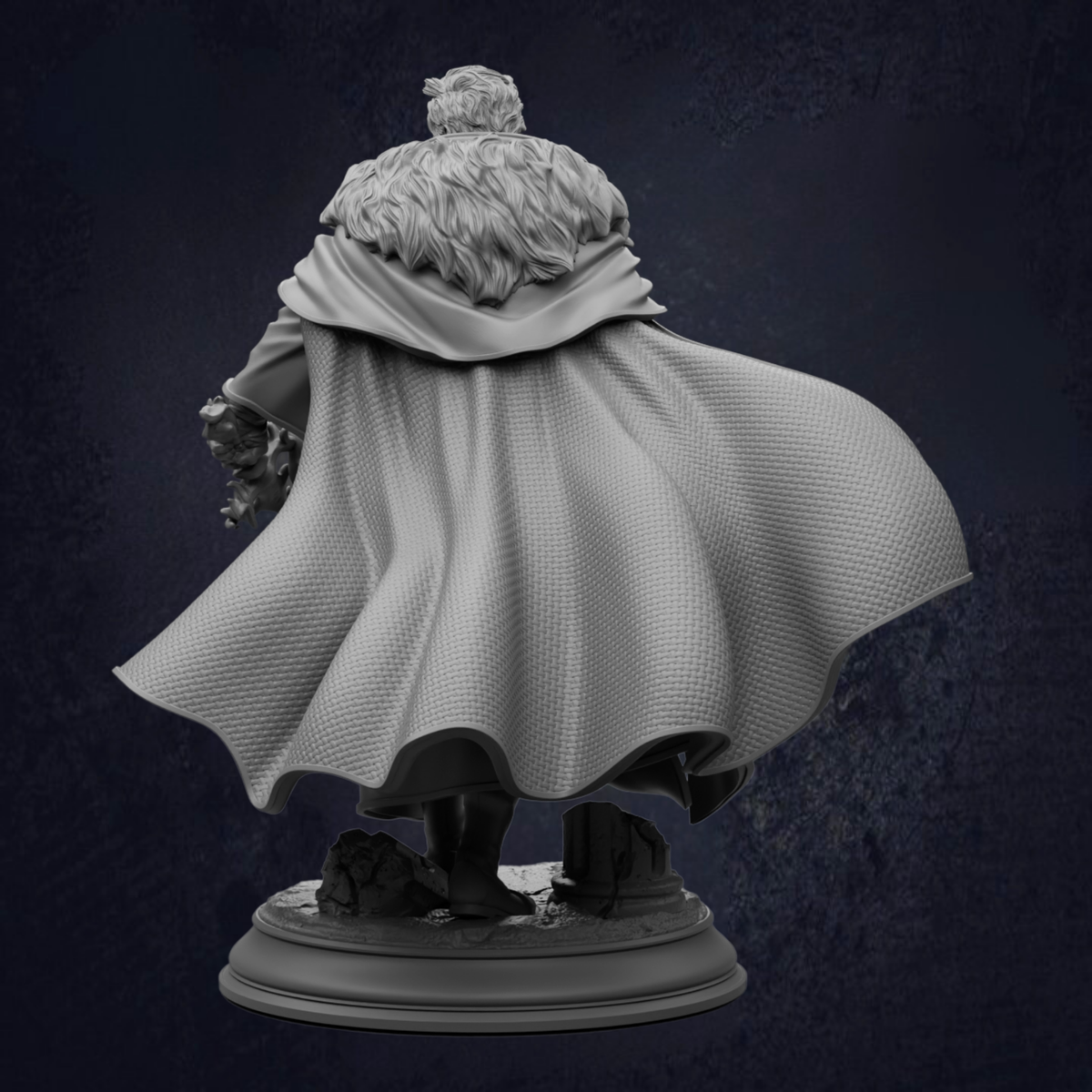 A statue of a person wearing a cape and holding a shield, standing against a dark background.