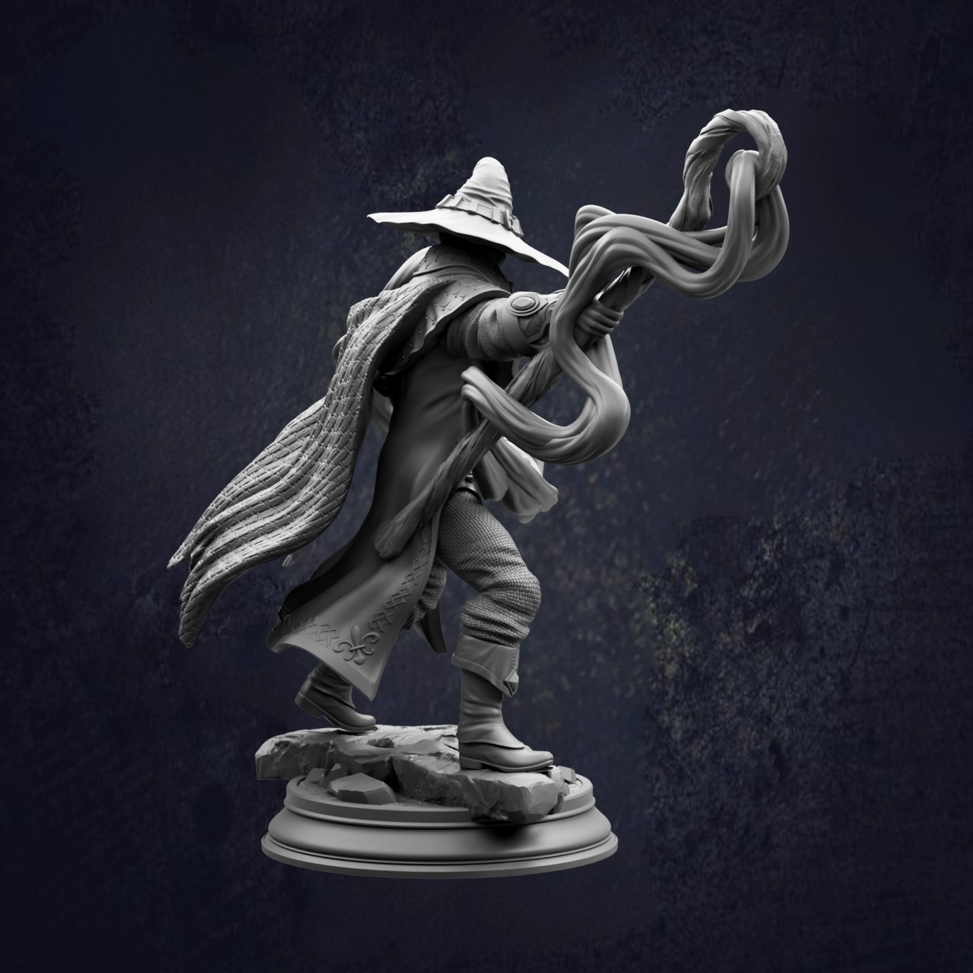 A detailed 3D rendering of a wizard or magical figure, holding a staff and wearing a pointed hat, standing on a platform against a dark background.