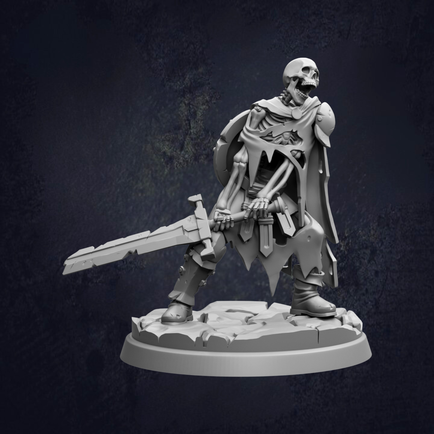 A 3D rendering of a skeletal warrior figure holding a sword and shield, standing on a rocky base against a dark background.