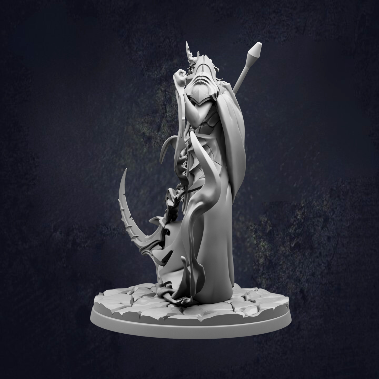 A 3D rendering of a fantastical creature, possibly a dragon or serpent, standing on a platform against a dark background.