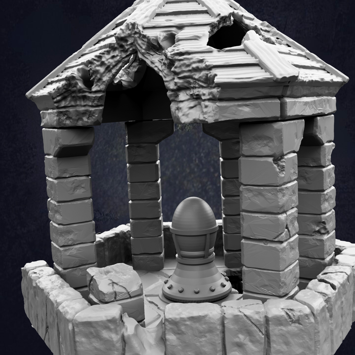 A 3D rendering of a damaged stone structure with a dome-like roof, featuring a small dome-like structure in the center.