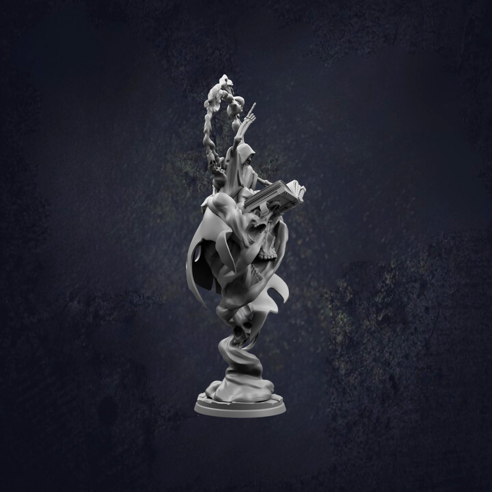 A 3D rendering of a fantastical, winged creature holding a book, standing on a pedestal against a dark background.