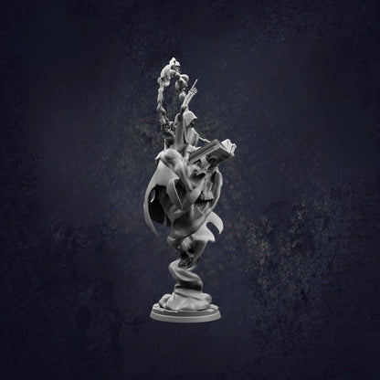 A 3D rendering of a fantastical, winged creature holding a book, standing on a pedestal against a dark background.