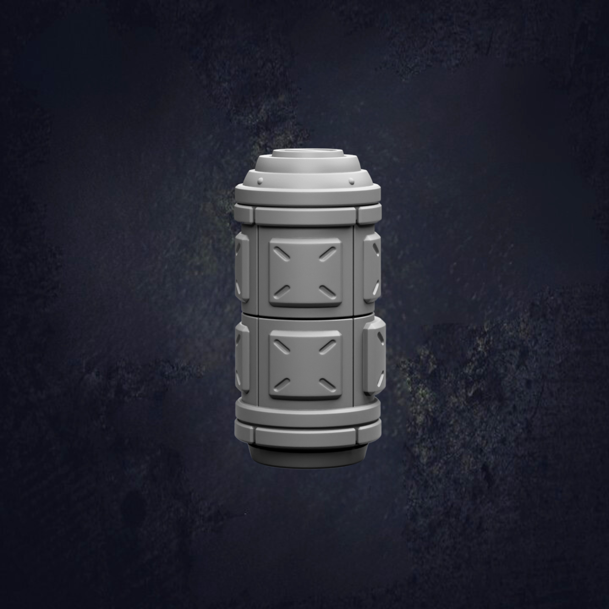A 3D rendering of a cylindrical object with a square base and a pointed top, set against a dark background.
