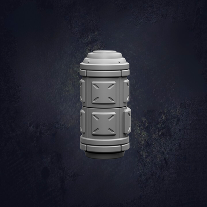 A 3D rendering of a cylindrical object with a square base and a pointed top, set against a dark background.
