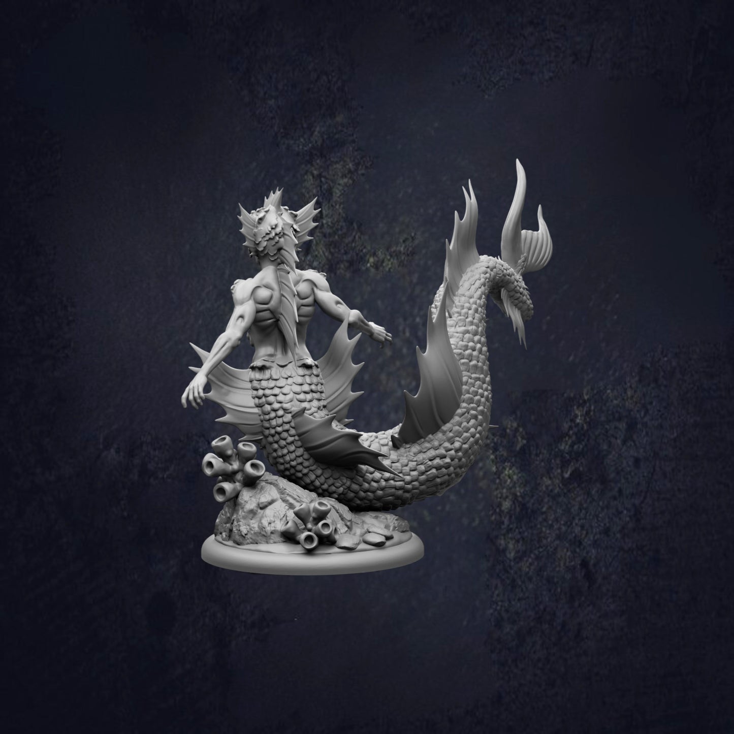 A detailed 3D model of a mermaid-like creature, possibly a mermaid or sea serpent, standing on a rock formation with a dark background.