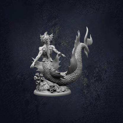 A detailed 3D model of a mermaid-like creature, possibly a mermaid or sea serpent, standing on a rock formation with a dark background.