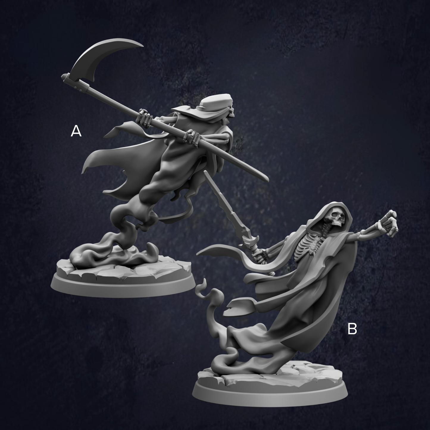 two figurines of a ghost or skeleton, one standing upright and the other in a fighting stance, against a dark background.