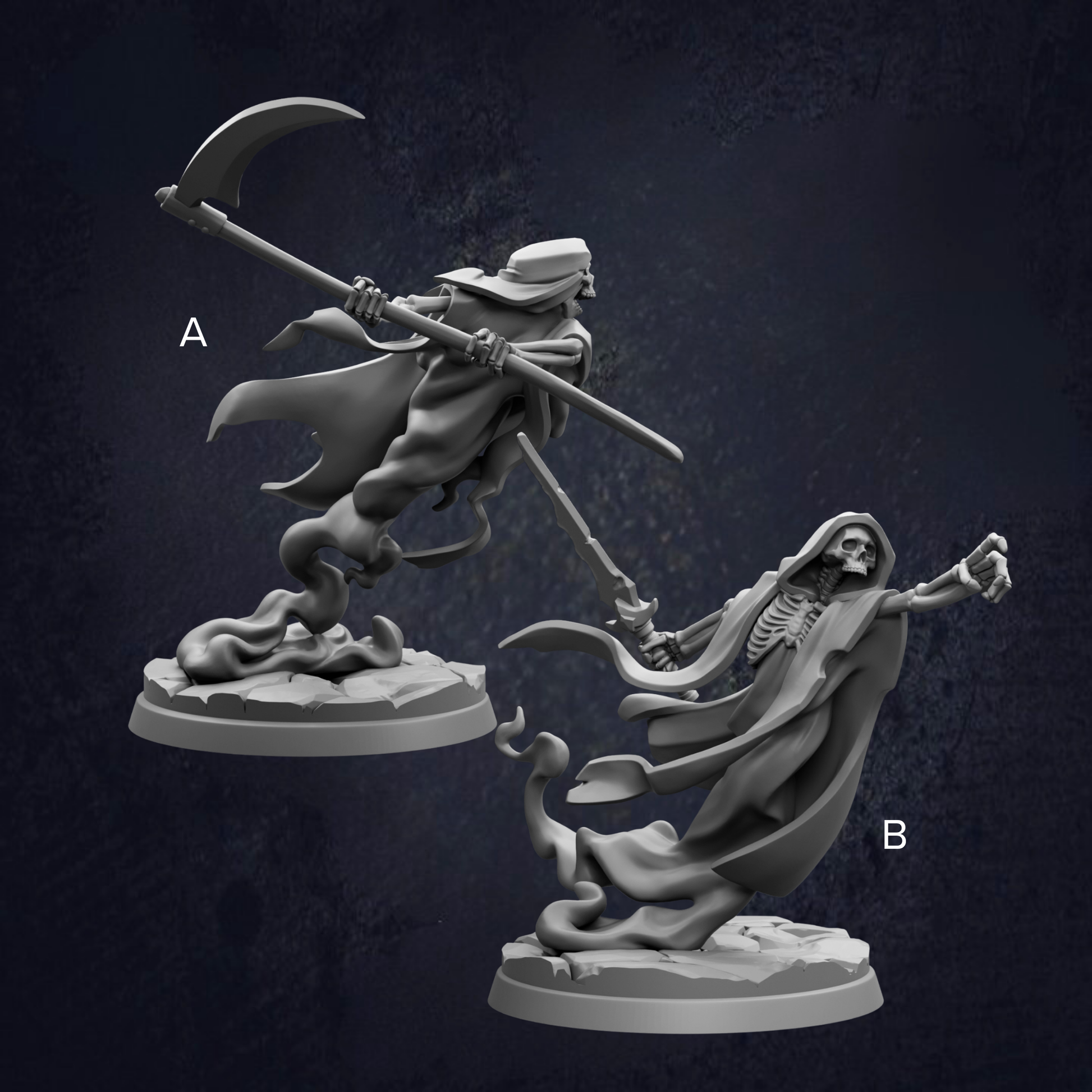 two figurines of a ghost or skeleton, one standing upright and the other in a fighting stance, against a dark background.