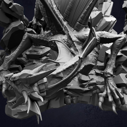 A detailed 3D rendering of a fierce-looking dragon with sharp teeth and claws, surrounded by rocks and rubble.