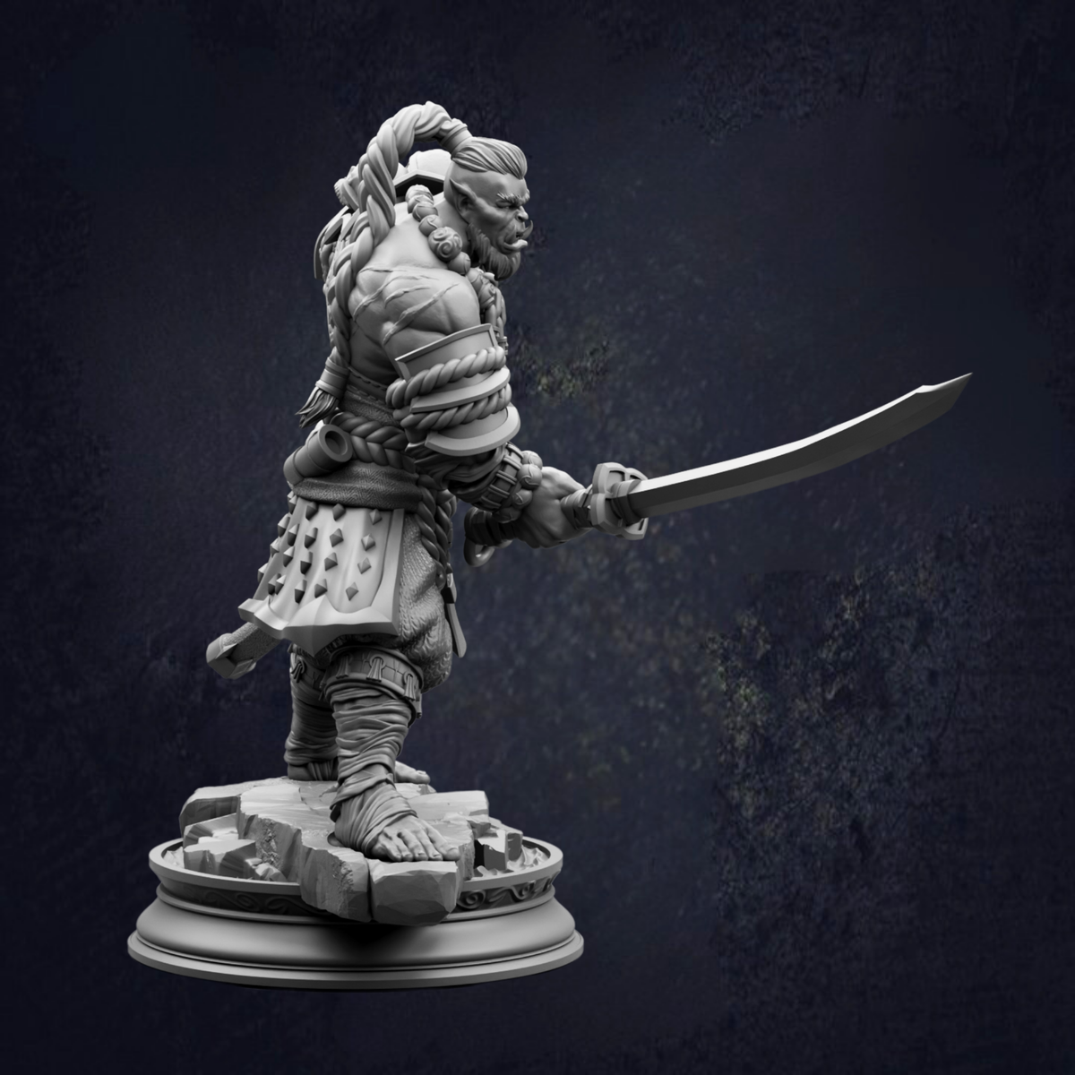 A detailed 3D model of a warrior figure holding a sword, standing on a platform against a dark background.