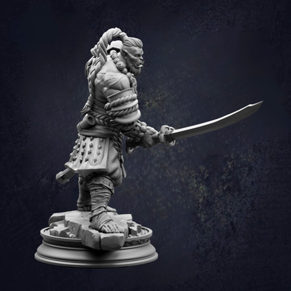 A detailed 3D model of a warrior figure holding a sword, standing on a platform against a dark background.