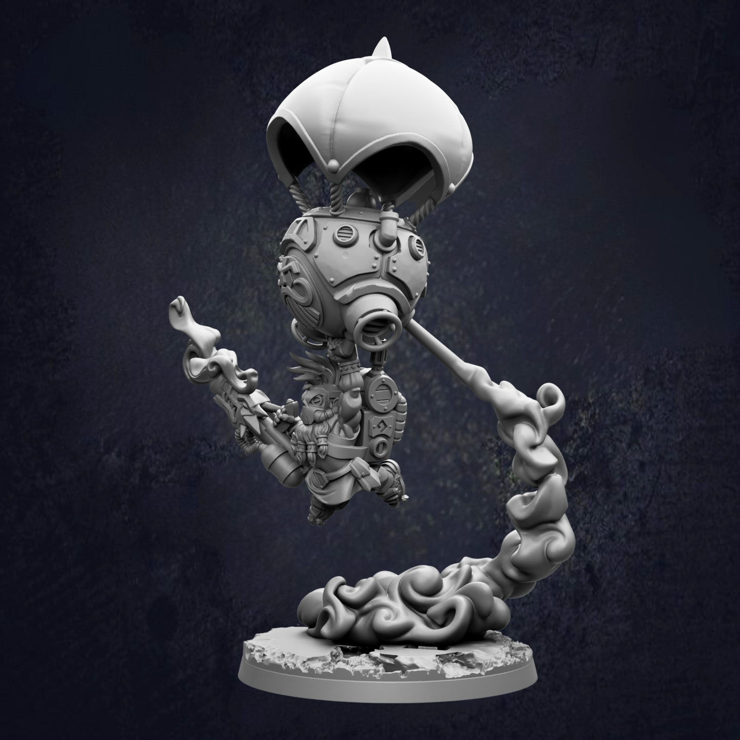 A 3D rendering of a futuristic, mechanical character with a large, dome-shaped headpiece and a long, curved arm extending from its body.