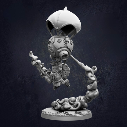 A 3D rendering of a futuristic, mechanical character with a large, dome-shaped headpiece and a long, curved arm extending from its body.