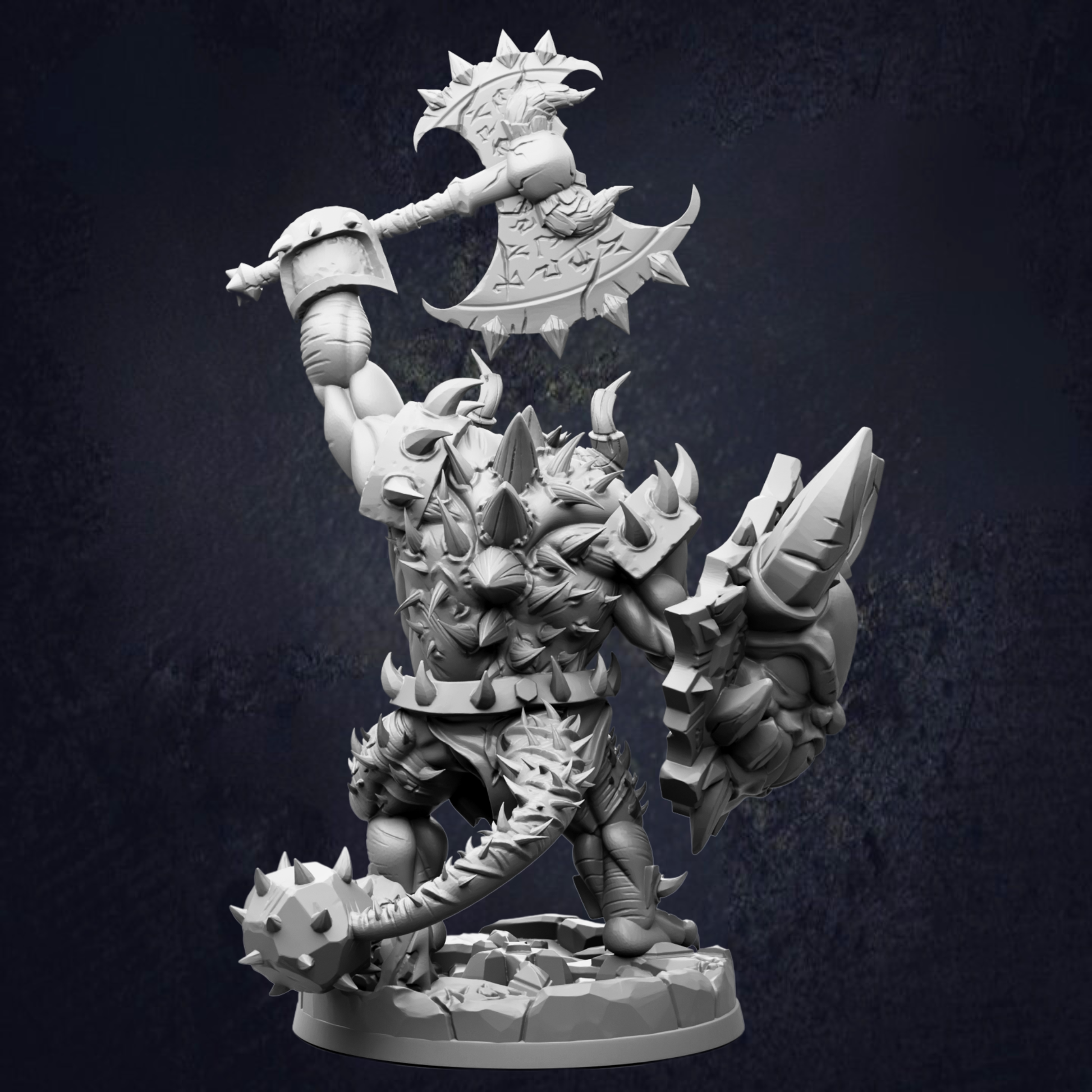 A detailed 3D model of a heavily armored and armed fantasy creature, possibly a dragon or monster, wielding various weapons and armor pieces.