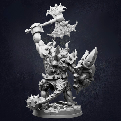 A detailed 3D model of a heavily armored and armed fantasy creature, possibly a dragon or monster, wielding various weapons and armor pieces.