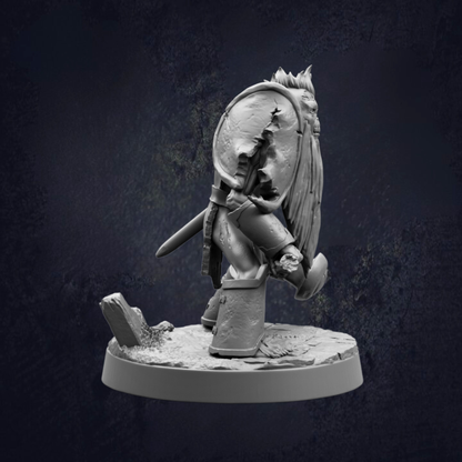 A detailed 3D model of a fantasy character, possibly a dwarf or gnome, standing on a platform and holding a shield and sword.