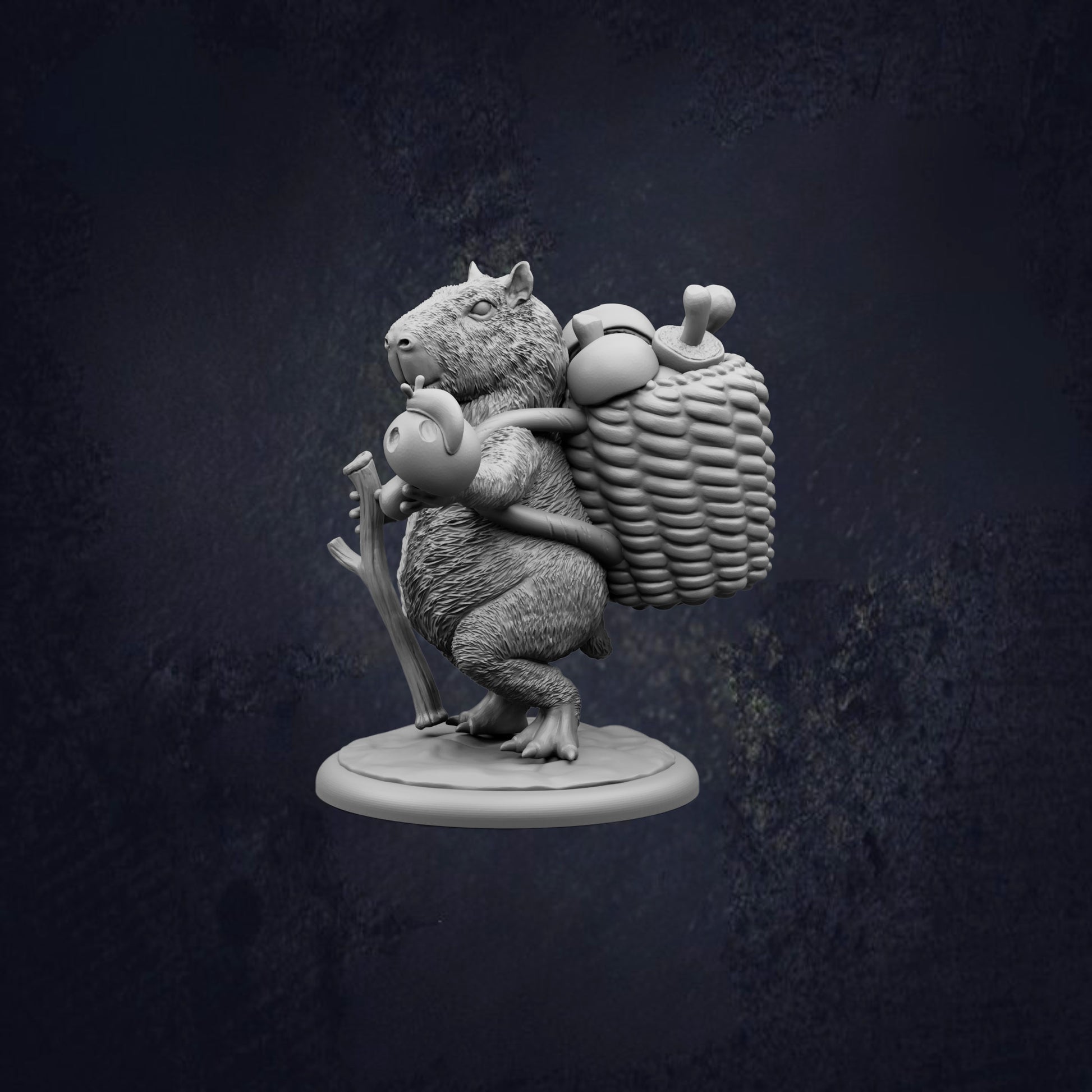 A 3D model of a small animal, possibly a rodent or a rodent-like creature, standing on a platform and holding a basket or a bag.
