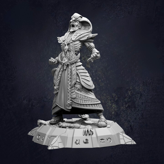A detailed 3D model of a warrior figure, possibly an Egyptian pharaoh or deity, standing on a platform and appearing to be in a fighting stance.