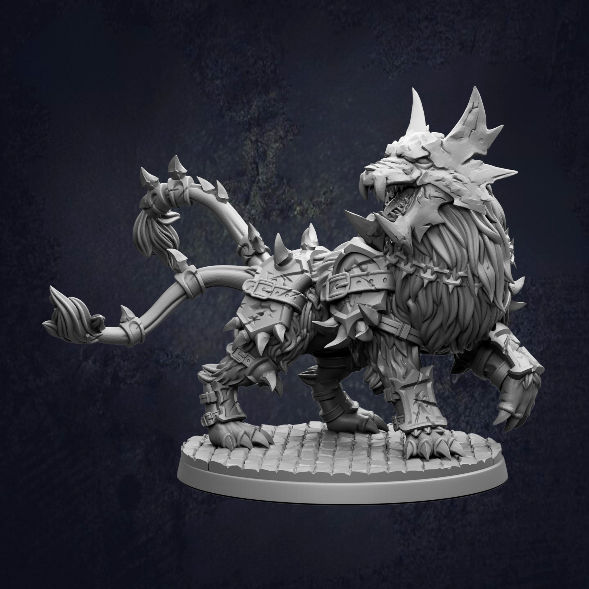 A detailed 3D model of a fierce-looking dragon-like creature with sharp teeth and claws, standing on a platform against a dark background.