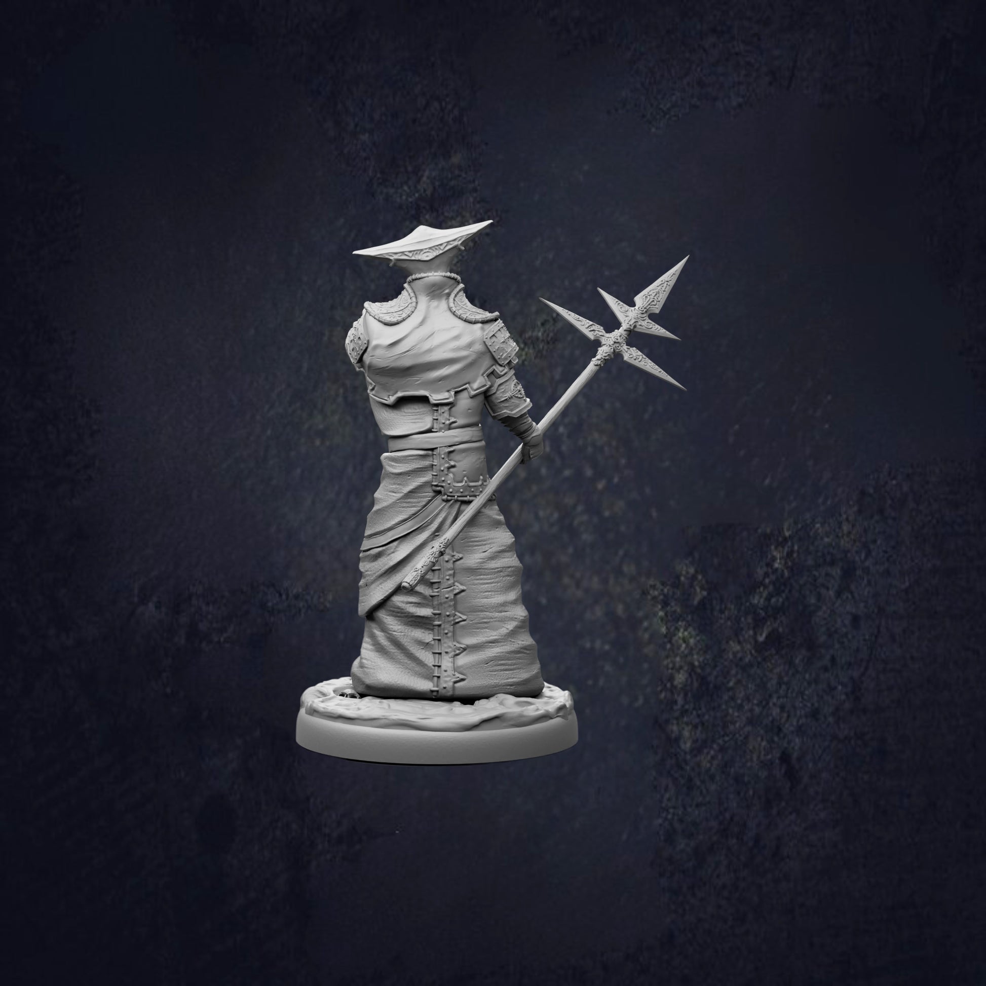 A statue of a person holding a spear and shield, standing against a dark background.