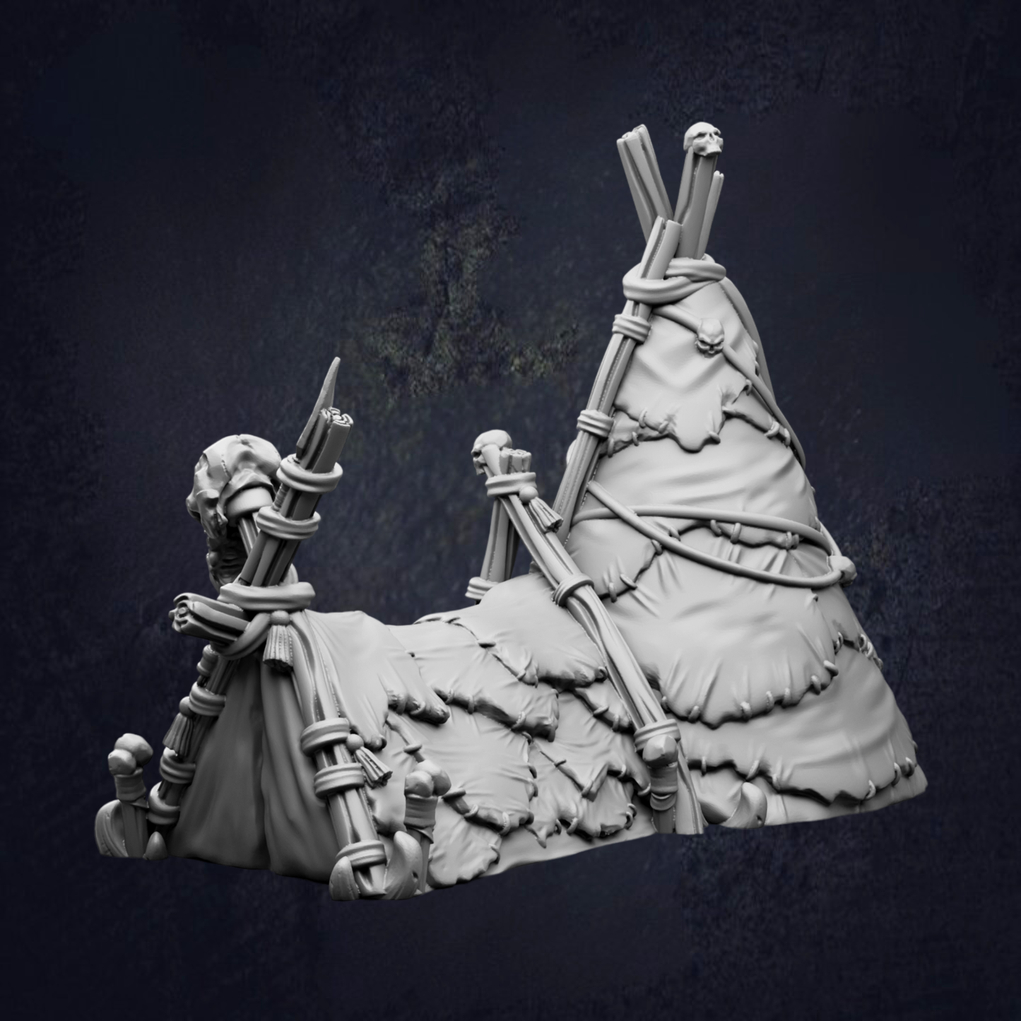 A 3D rendering of a tent-like structure made of sticks and fabric, with a skull-like figure on top.