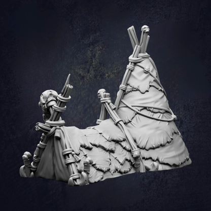 A 3D rendering of a tent-like structure made of sticks and fabric, with a skull-like figure on top.