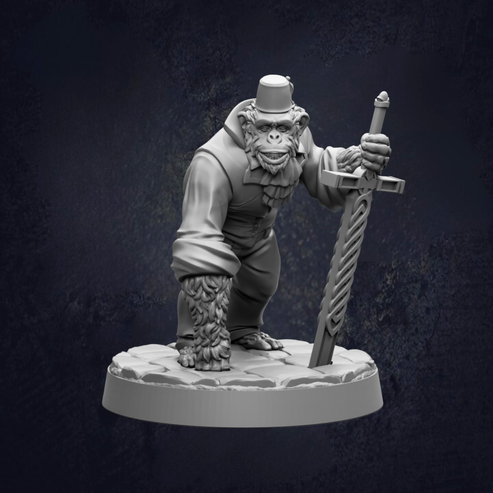 A 3D model of a monkey-like creature holding a sword and standing on a platform.