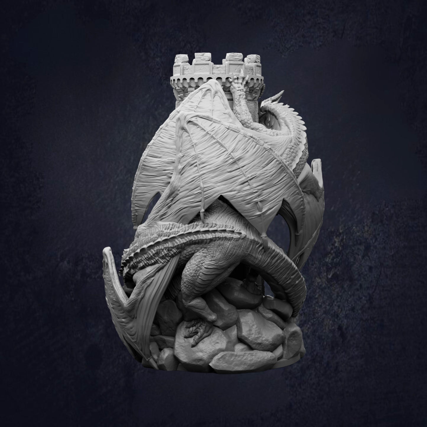 A detailed 3D model of a dragon statue, with intricate textures and a castle-like structure on top.