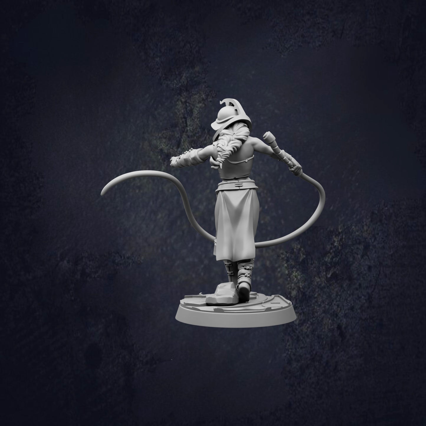 A 3D model of a character with a long, curved weapon, standing in a dark, moody environment.