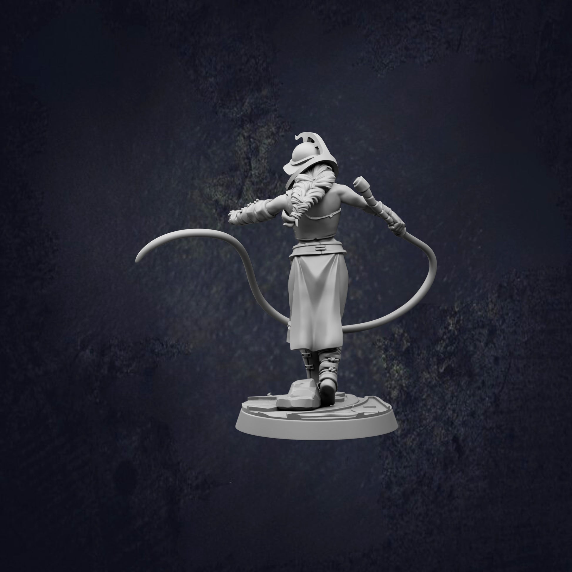 A 3D model of a character with a long, curved weapon, standing in a dark, moody environment.