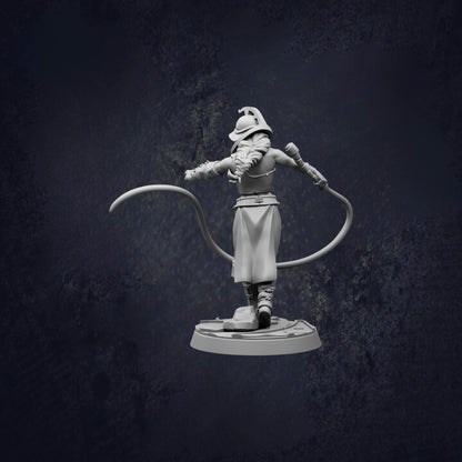 A 3D model of a character with a long, curved weapon, standing in a dark, moody environment.