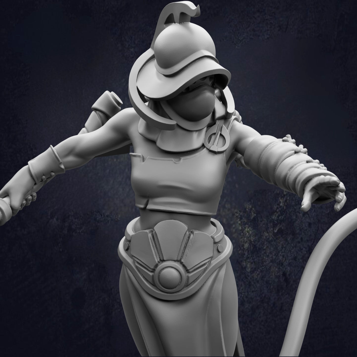 A 3D rendering of a female character wearing a helmet and armor, with her arms outstretched.