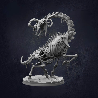 A 3D rendering of a skeletal model of a fantastical creature, possibly a dragon or serpent, with a twisted, coiled body and sharp teeth.