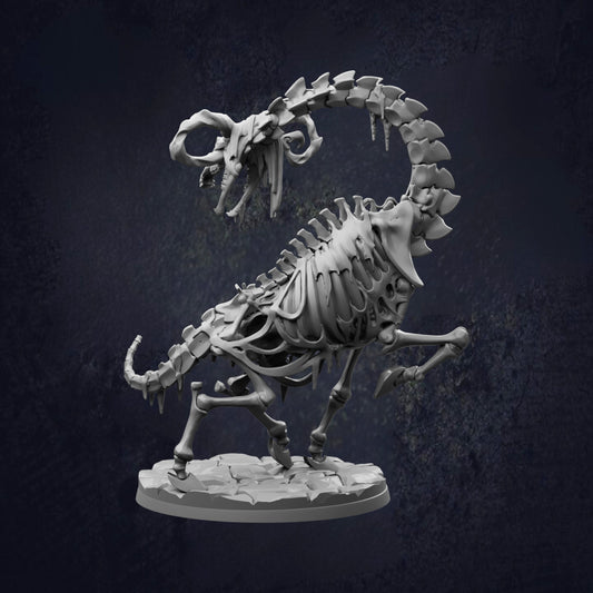 A 3D rendering of a skeletal model of a fantastical creature, possibly a dragon or serpent, with a twisted, coiled body and sharp teeth.