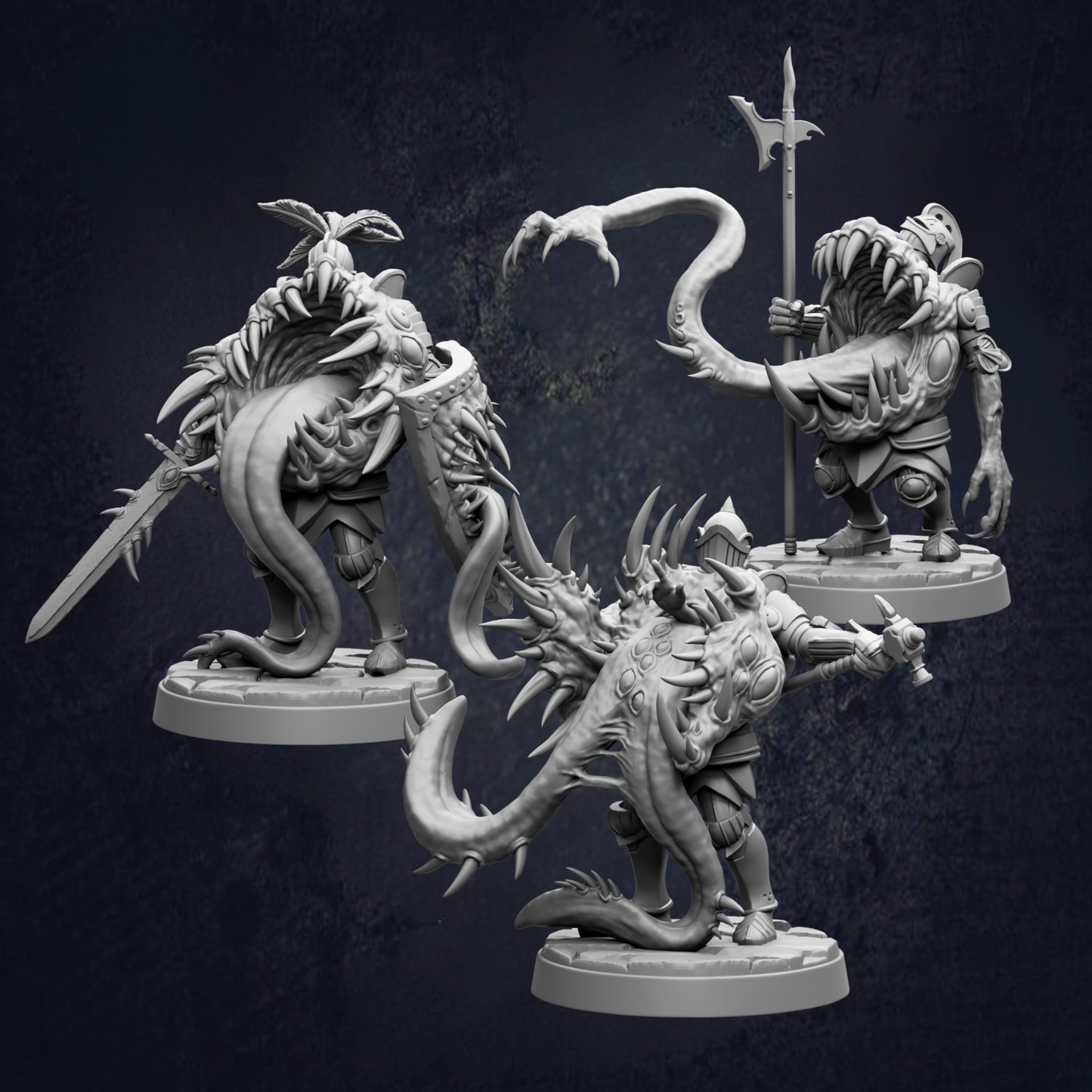 three detailed, 3D-rendered fantasy miniatures depicting various fantastical creatures and characters, including a large, menacing-looking creature with sharp teeth and claws, a creature with a long, coiled tail, and another creature with a long, sharp weapon.