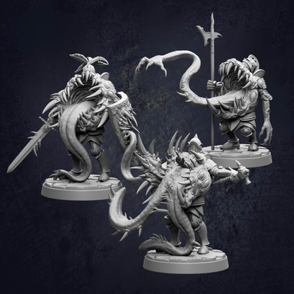 three detailed, 3D-rendered fantasy miniatures depicting various fantastical creatures and characters, including a large, menacing-looking creature with sharp teeth and claws, a creature with a long, coiled tail, and another creature with a long, sharp weapon.