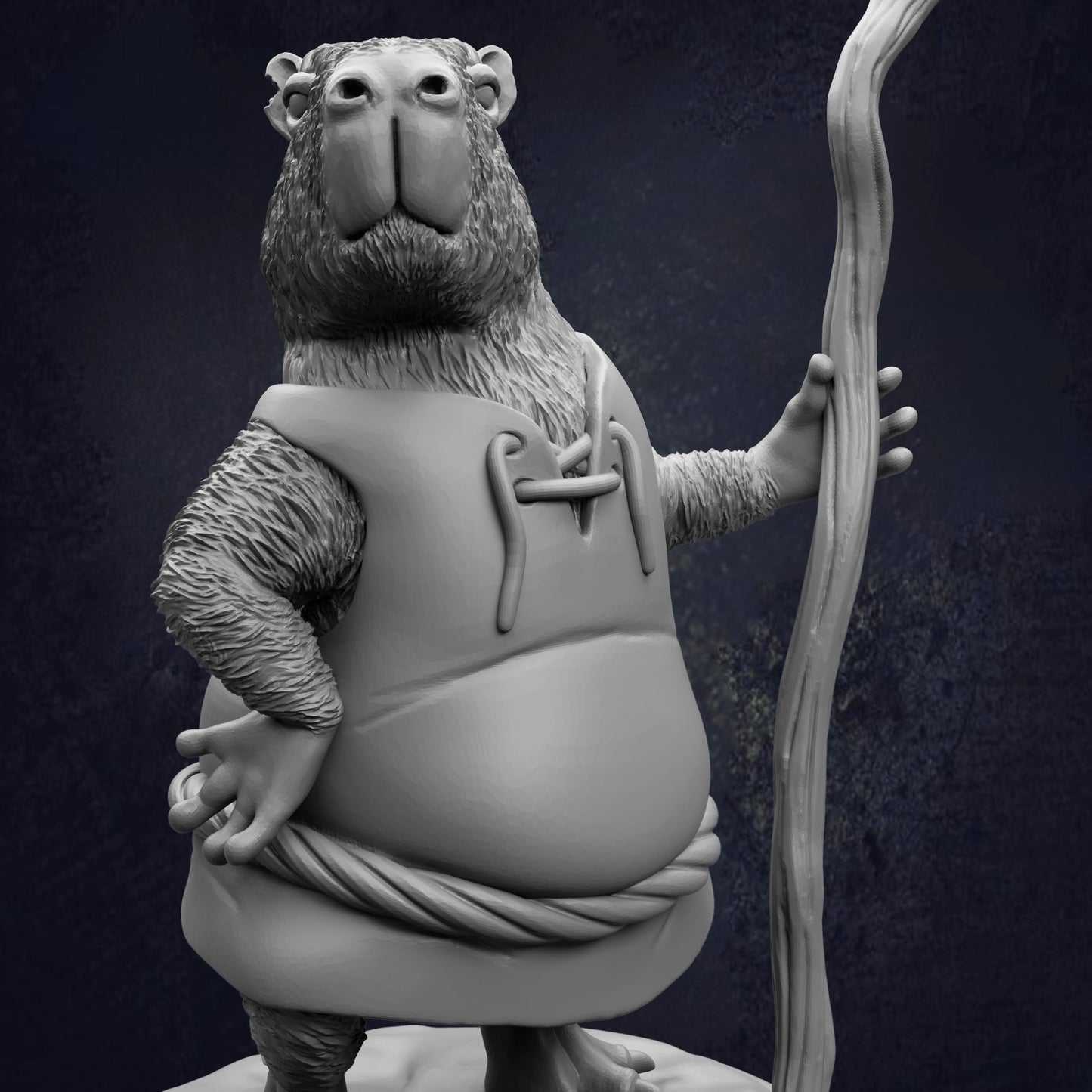 A detailed 3D rendering of a cartoon-like bear character holding a stick and wearing a vest.