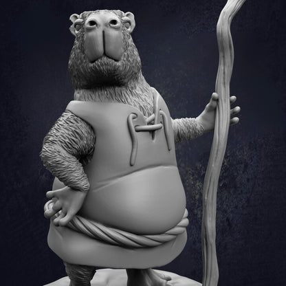 A detailed 3D rendering of a cartoon-like bear character holding a stick and wearing a vest.
