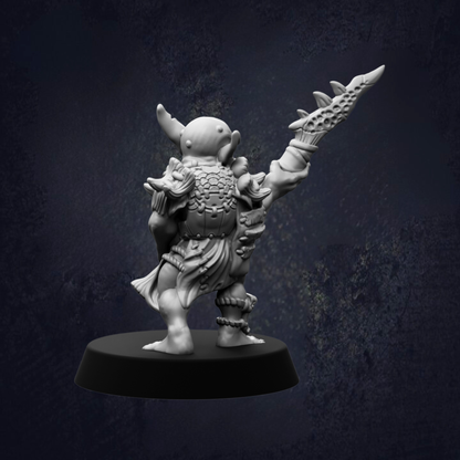 A 3D model of a fantasy character, possibly a warrior or monster, standing on a base and holding a large weapon.