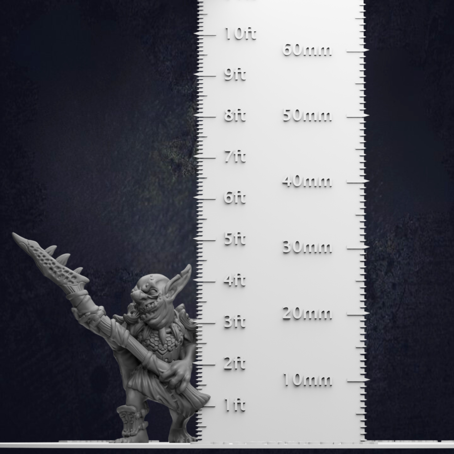 A 3D model of a fantastical creature, possibly a mythical or magical being, is shown next to a ruler for size comparison.