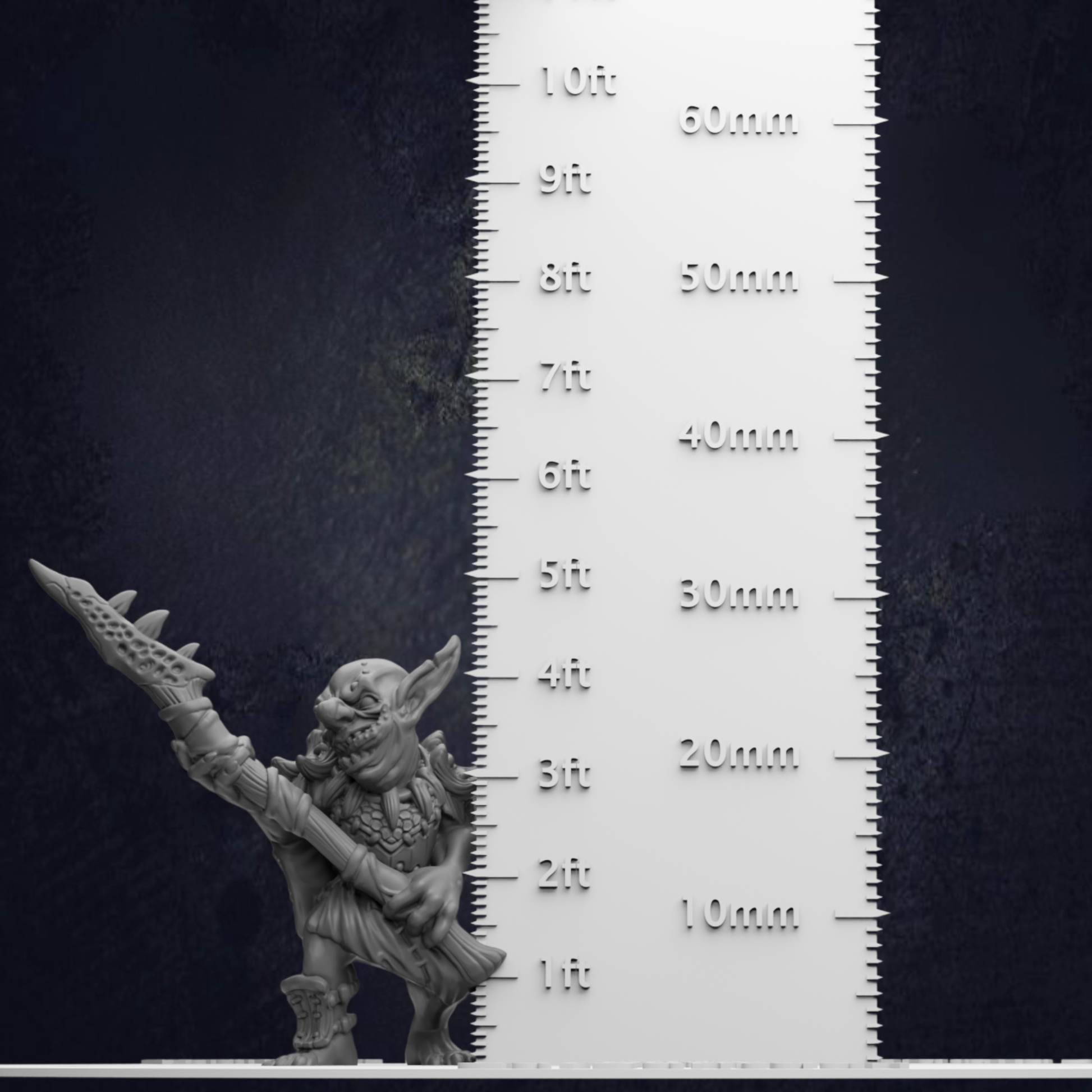 A 3D model of a fantastical creature, possibly a mythical or magical being, is shown next to a ruler for size comparison.