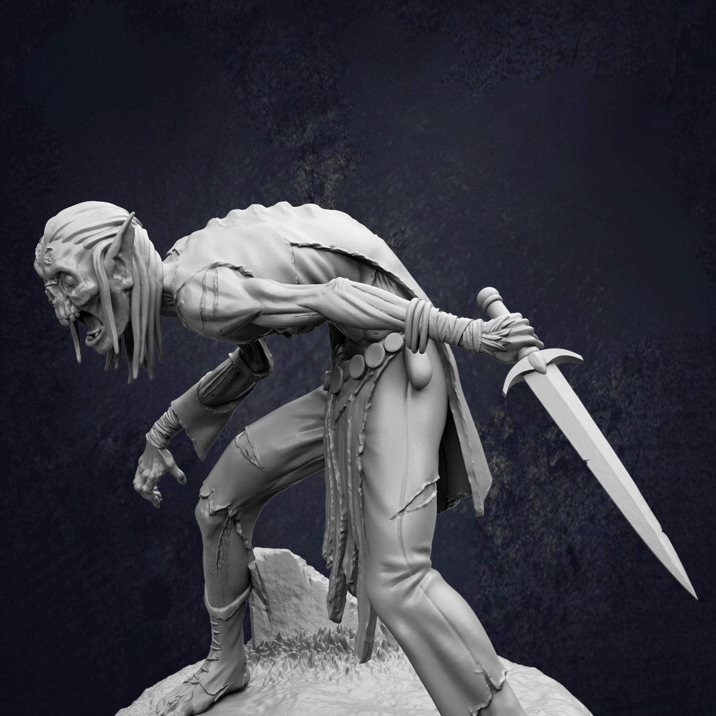 A detailed 3D model of a menacing-looking monster or creature, with sharp teeth and claws, holding a large sword in its right hand.